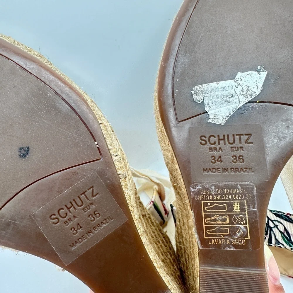 Schutz Multi Floral Tie Up Ankle Wrap Rounded Espadrille Wedge Sz 5.5/EUR 36